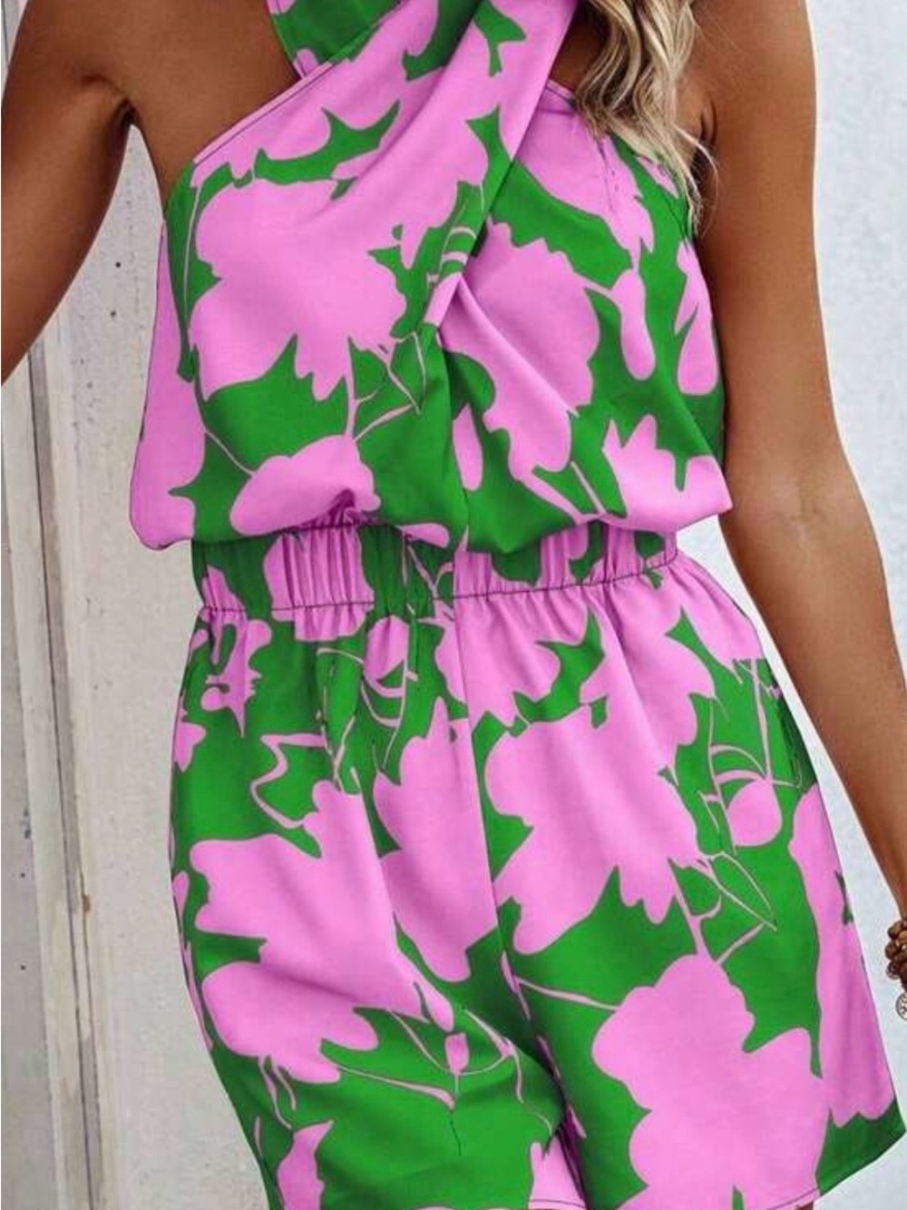 SHEIN One-Shoulder Floral Romper in Pink and Green